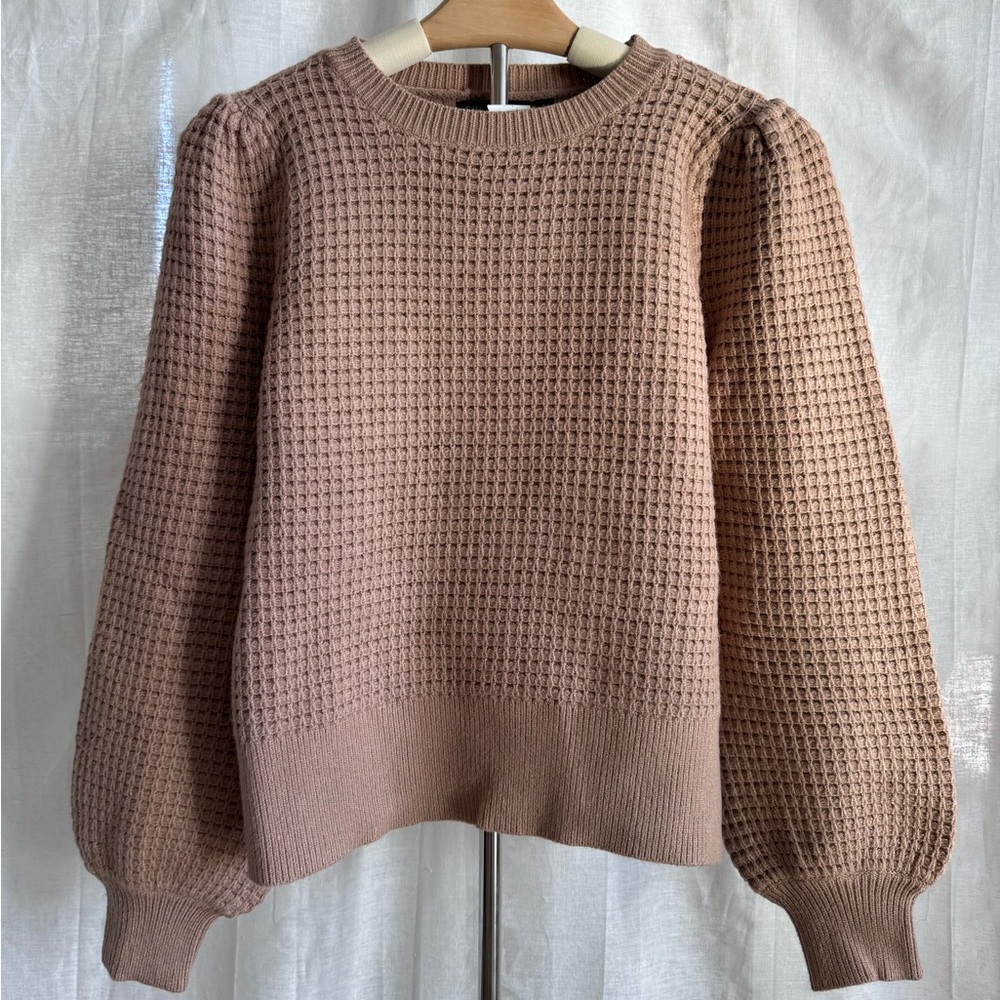 Women's Tan Waffle Knit Sweater with puff sleeves. Size small.